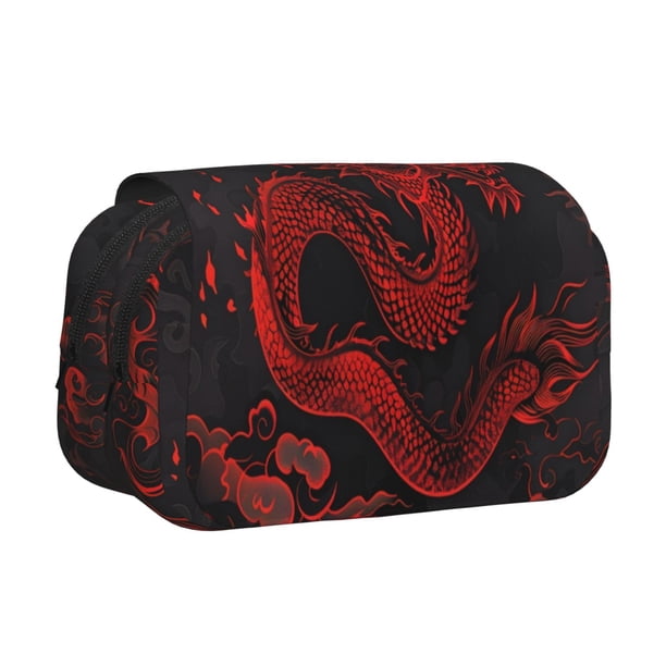 Disketp Red Dragon On Black Estuche de Lápices de Doble Capa con Tapa Abatible y Cremallera, Organizador Escolar para Adolescentes y Adultos