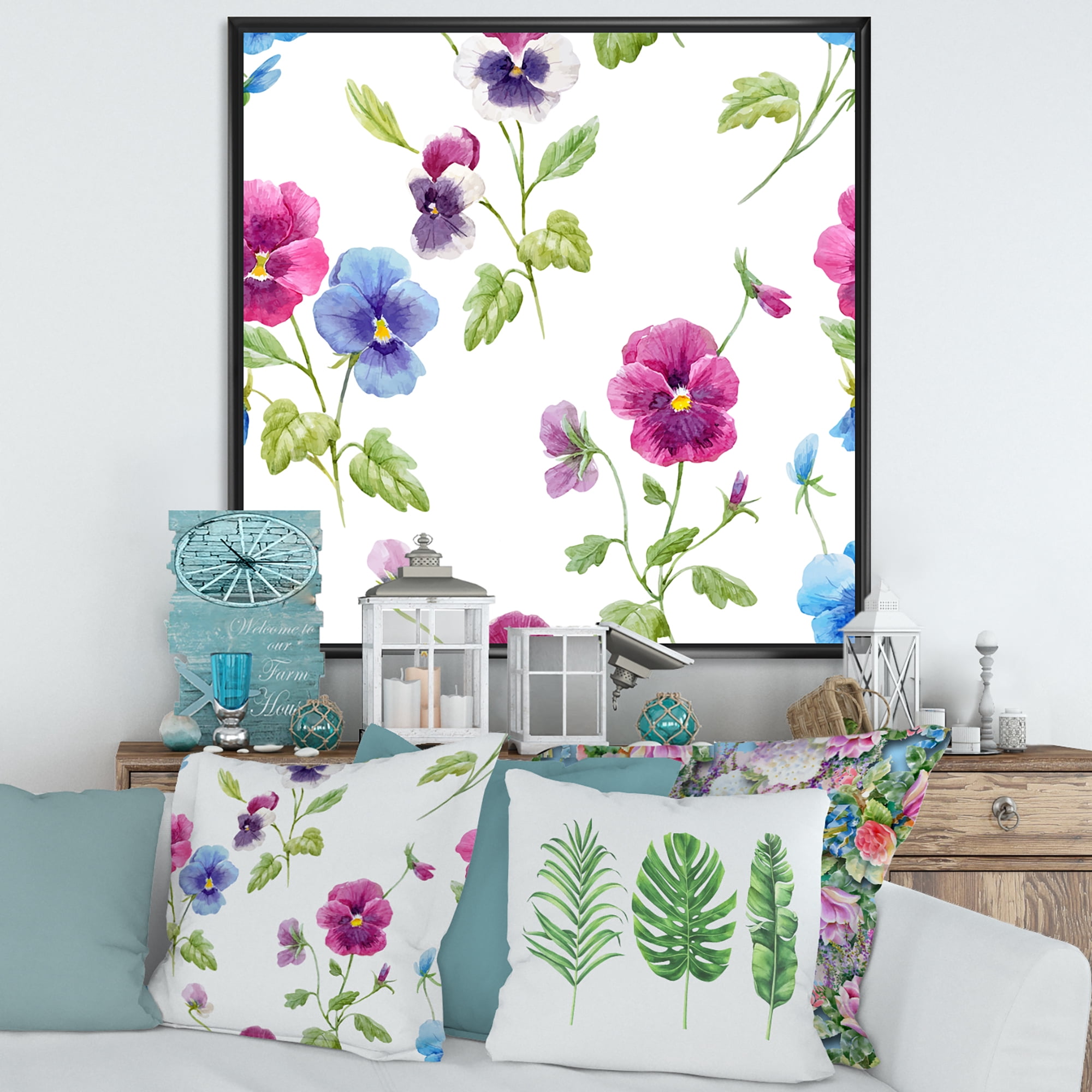 Designart 'Blue and Pink Pansy Flowers II' Traditional Framed Canvas Wall Art Print