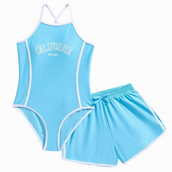 mgoYE Girls Swimsiut One Piece Bathing Suit with Shorts Adjustable Straps Swimwear|Blue 11-12 Years