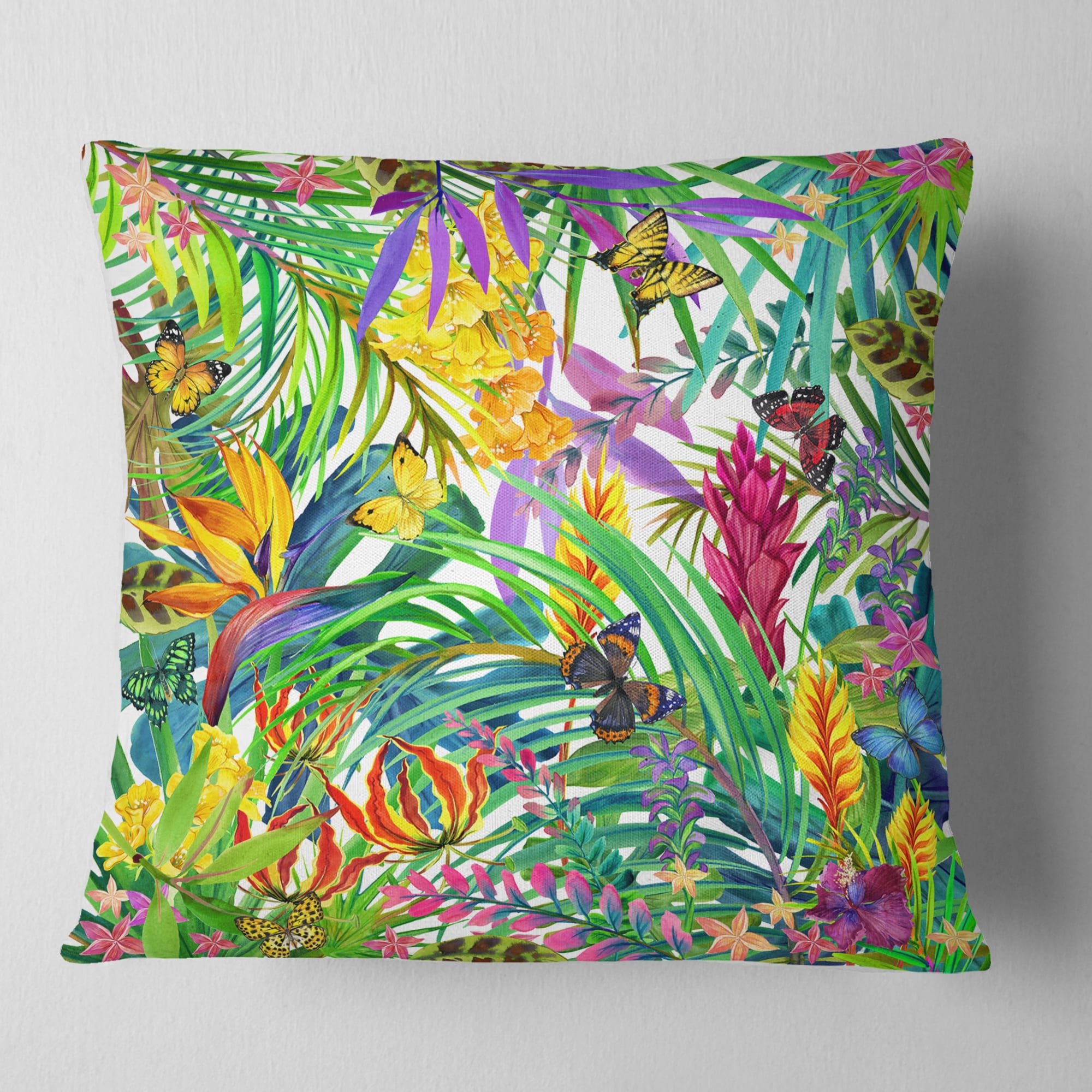 Designart Tropical Leaves and Flowers - Floral Throw Pillow - 18x18