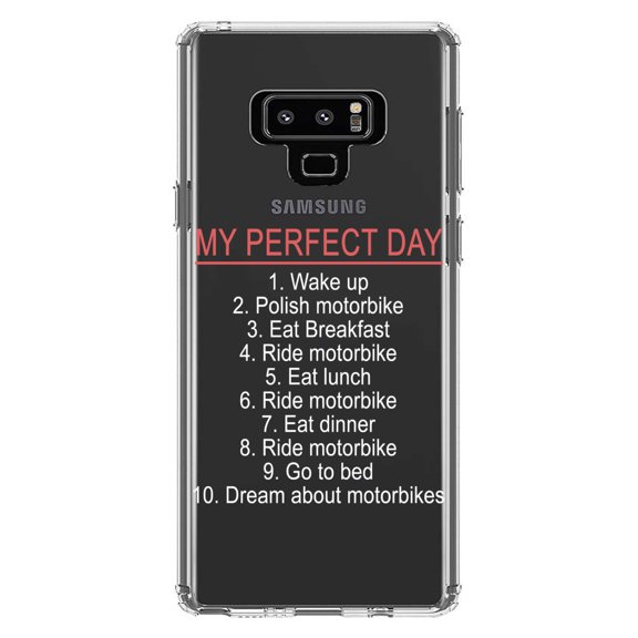 DistinctInk Clear Shockproof Hybrid Case for Samsung Galaxy Note 9 - TPU Bumper Acrylic Back Tempered Glass Screen Protector - My Perfect Day - Motorbike Motorcycle