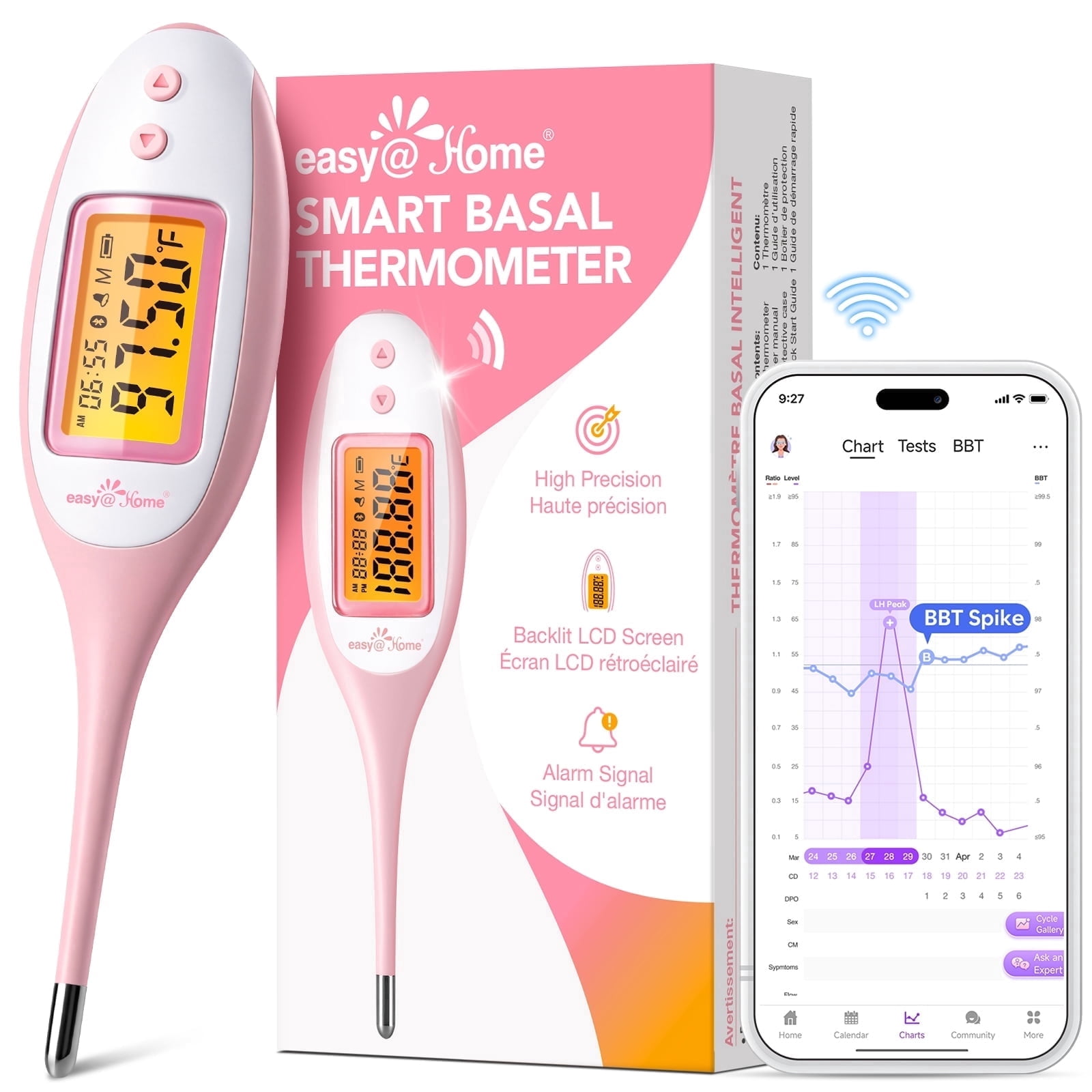 Easy@Home Bluetooth Basal Thermometer: Smart BBT for Ovulation with Large Backlit LCD Screen with Premom APP Support, Pink