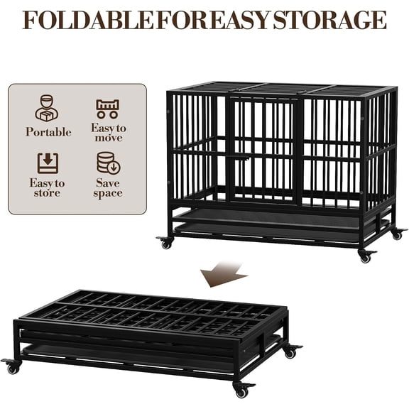 37” Heavy‑Duty Steel Dog Crate, Heavy Duty Rolling Dog Crate, Lockable Wheels, Steel, Removable Tray | Foldable design, Chew-proof frame, Dual bolt locks, Front & top access