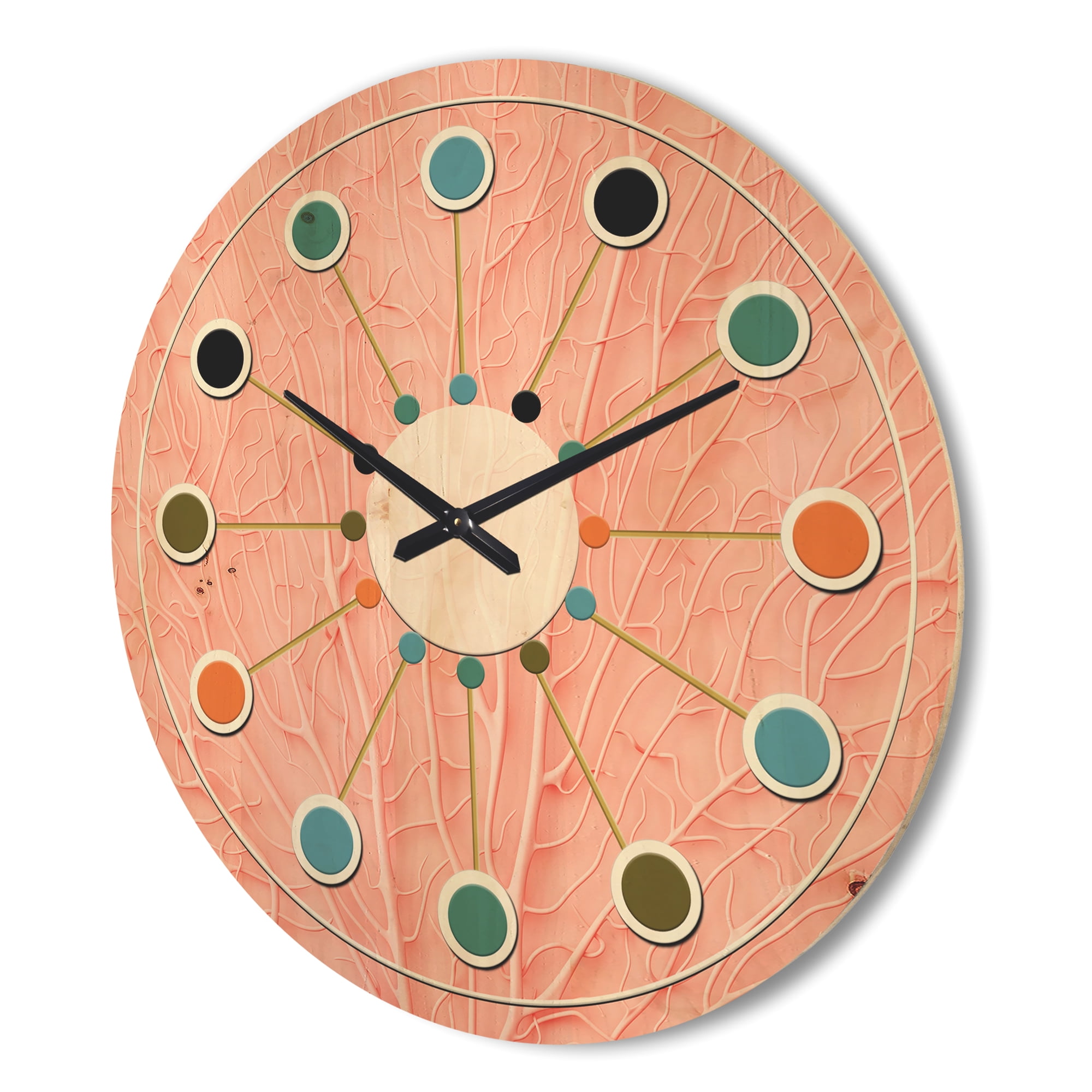 Designart 'Living Botanical Coral Pink' Mid-Century Modern Wood Wall Clock