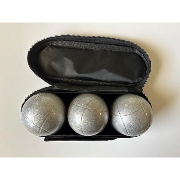 BuyBocceBalls Listing - Unique 3 Ball 73mm Metal Boules Set with 3 Sand Grey Balls