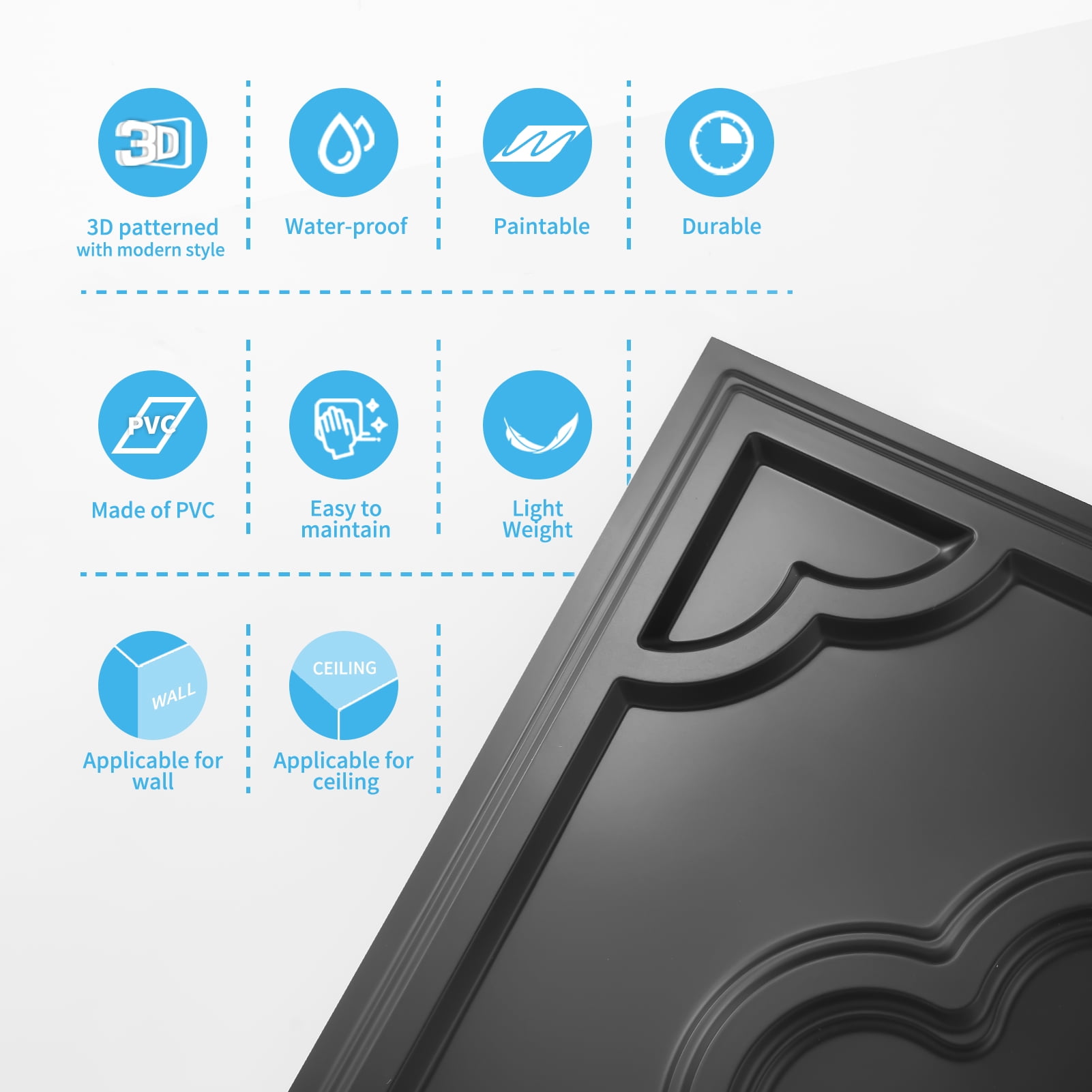 Art3d 12-Pack PVC Drop Ceiling Tiles，24x48in Glue up Ceiling Tile，Cover 96 sq.ft-Black