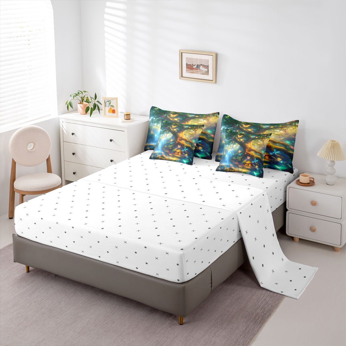 Homewish Natural Scenery 7-Piece Twin Bedding Sets,Neon Dreamy Butterfly Bedding Comforter Set,Blue Green Gold Sheet Sets For Girls Kids,Luxury Bedroom Decor Reversible