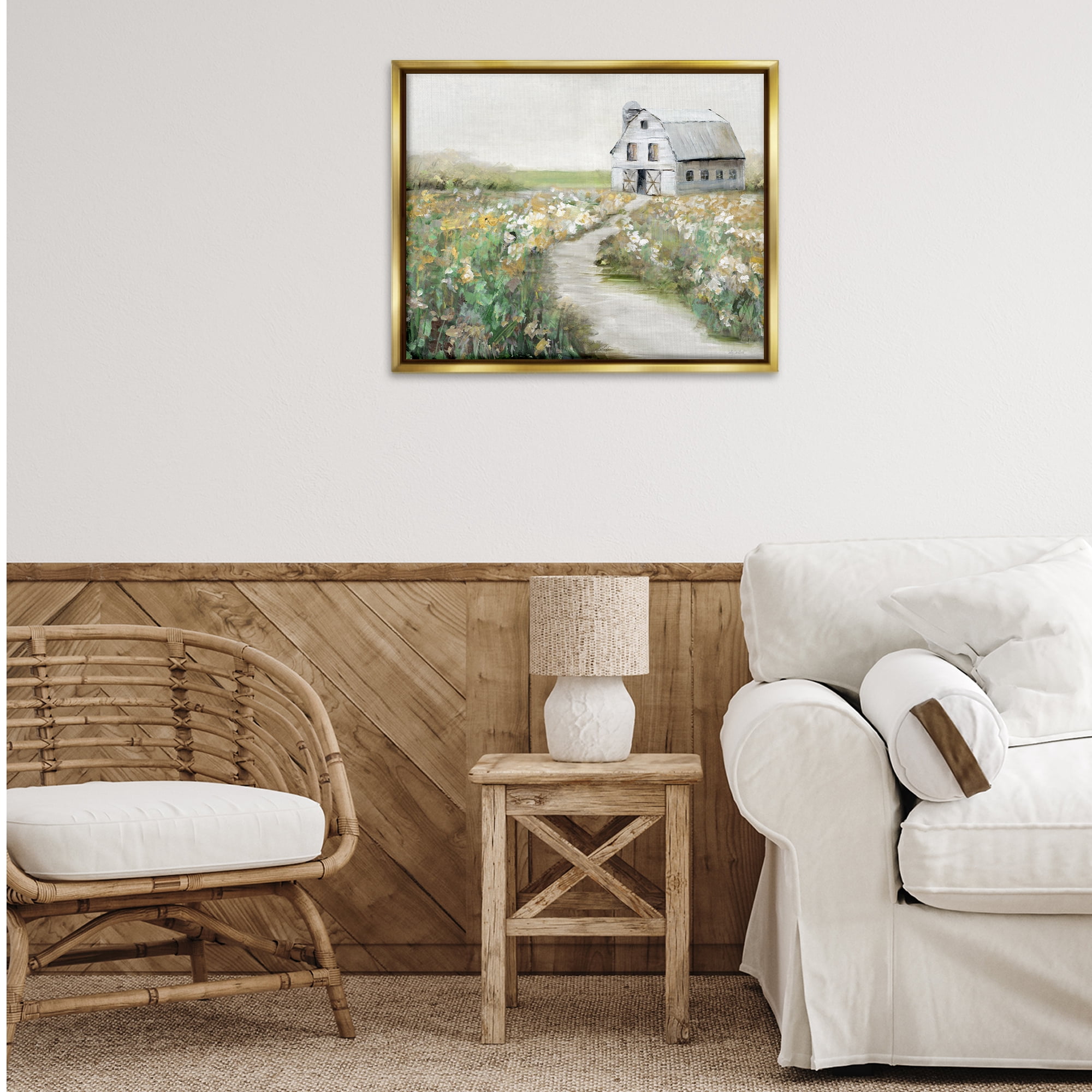 Stupell Industries Farmyard Path to Barn Landscape & Nature Painting Gold Floater Framed Canvas Art Print Wall Art, 31 x 25