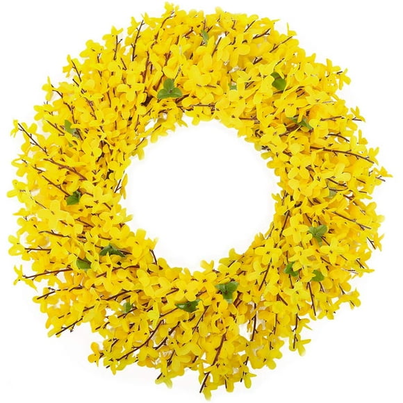 Artificial Forsythia Wreath 18 Inch Summer Fall Large Wreaths Springtime All Year Around Flower Green Leaves for Window Décor