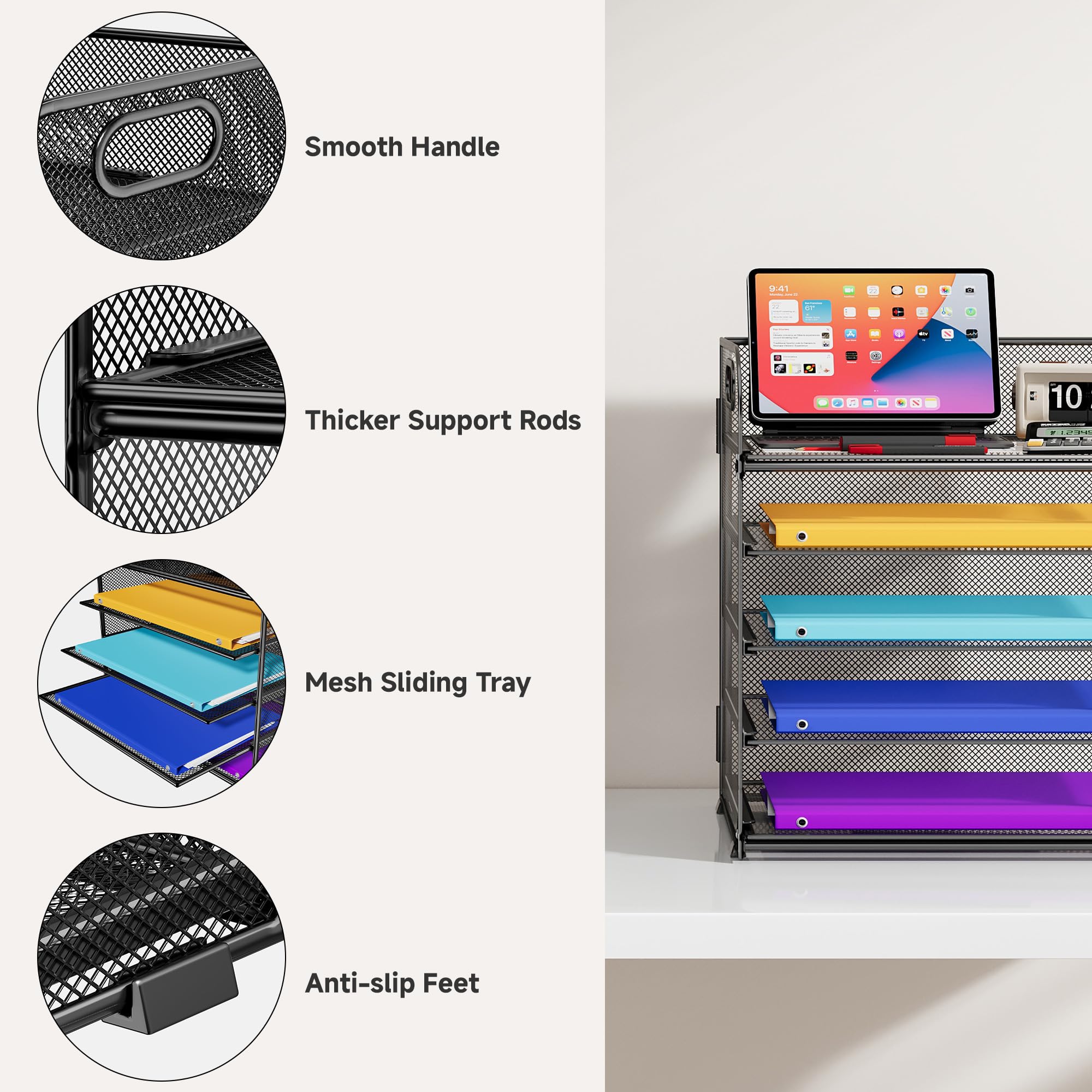 5 Tier Paper Organizer With Handle  Black Metal Mesh Desk File Folder Letter Tray Desktop Document Sorter For Classroom School Office Accessories Organization And Storage