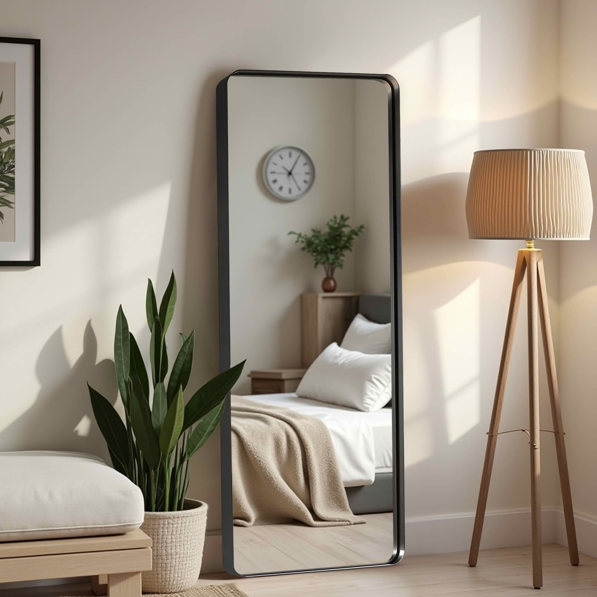 MAYEERTY 64x21x2 Inch Black Painted Aluminum Round Corner Rectangular Full Length Mirror, Deep, No Stand for Bedroom