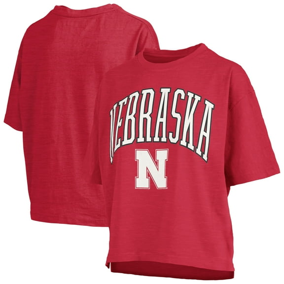 Women's Pressbox Scarlet Nebraska Huskers Nelson Arch Over Logo Waist Length Oversized Slub T-Shirt