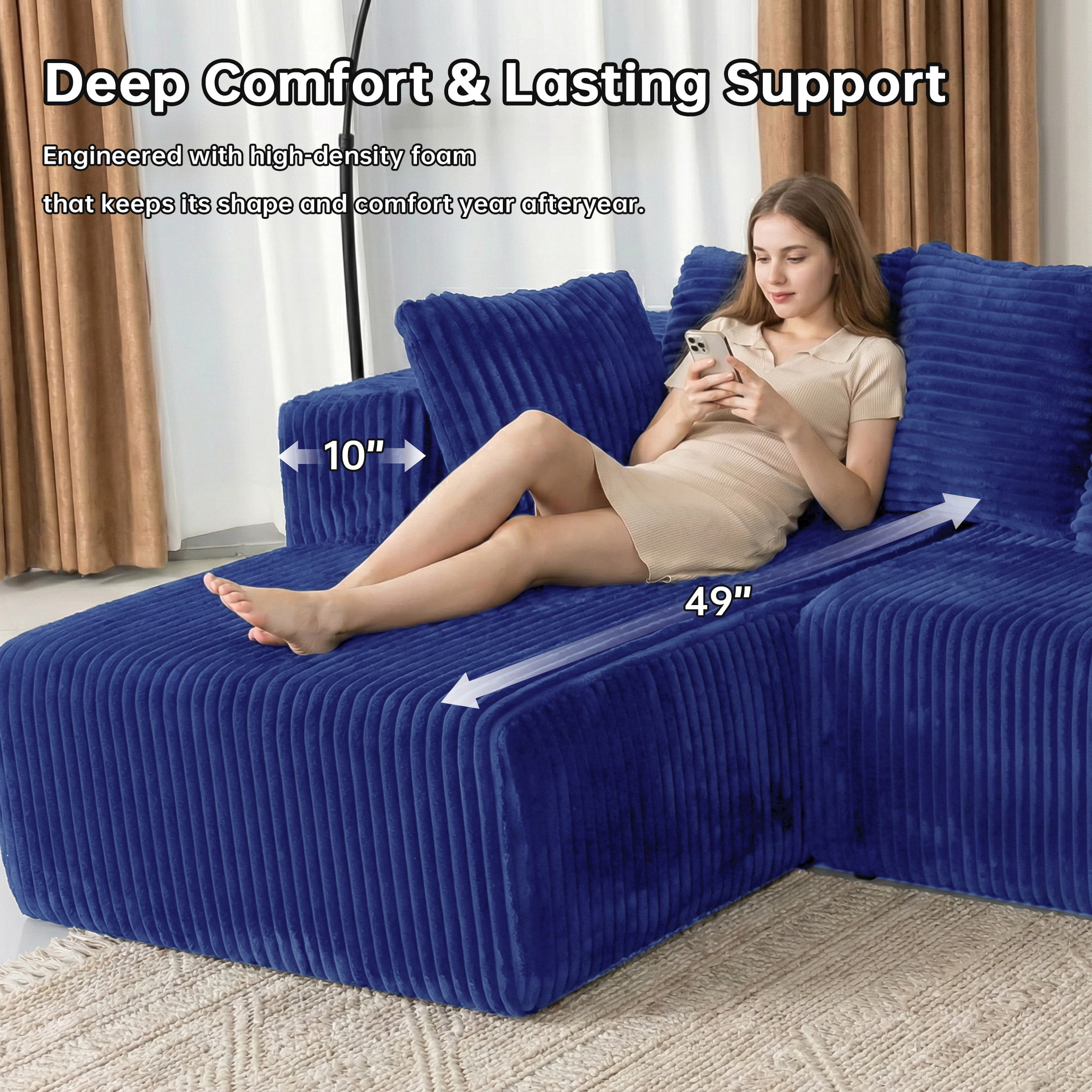 SOULART 130" Blue U L-Shaped Modular Cloud Couch, Sectional Sofa with Chaise – No Assembly, 5-Seater, Corduroy ，Boneless sofa,