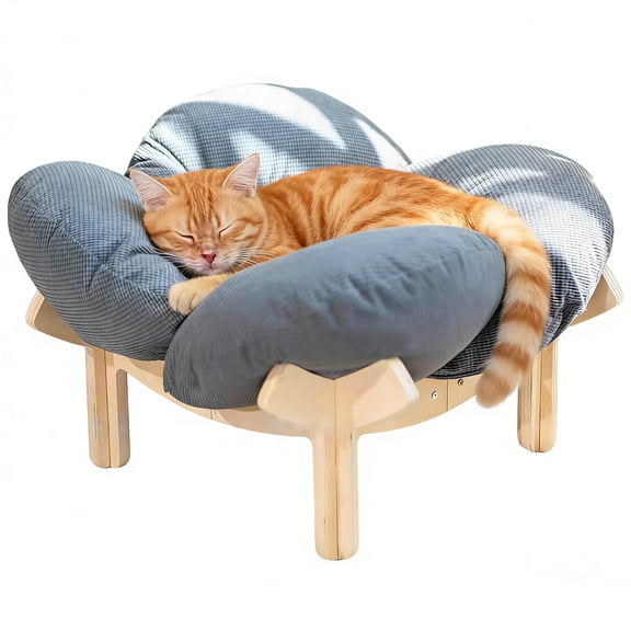 iFaveorr Elevated Cat Bed – Washable Flower Pet Cushion, Sturdy Wooden Frame, Heavy-Duty Lounge for Indoor Cats & Small Dogs, Gray