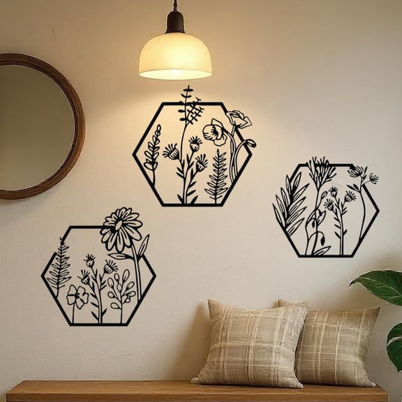 3pcs Metal Flower Wall Decor Minimalist Floral Wall Hanging Decoration, Artistic Floral Decoration for Living Room Bathroom Kitchen Indoor Outdoor (Colorful).Wall Sculptures.