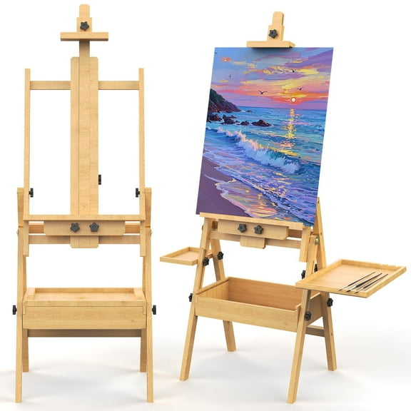 Large Solid Beech Wood Easel for Painting with Storage Drawer and Palette,  Foldable Art Easel with Signature Box for Adults, Holder up to 48''