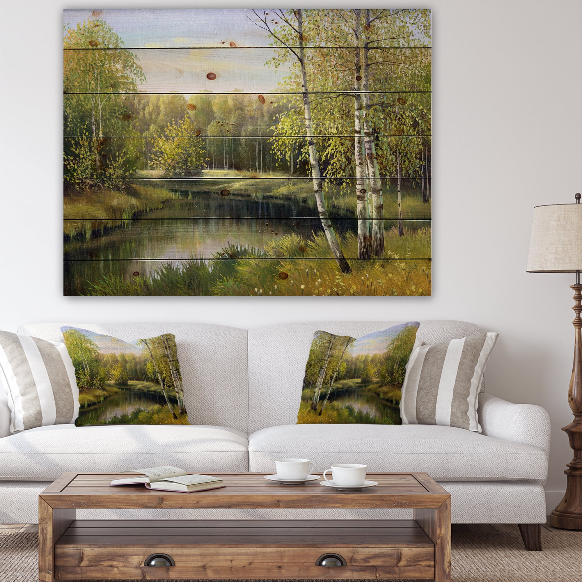 Designart 'Quiet Autumn River' Landscape Print on Natural Pine Wood