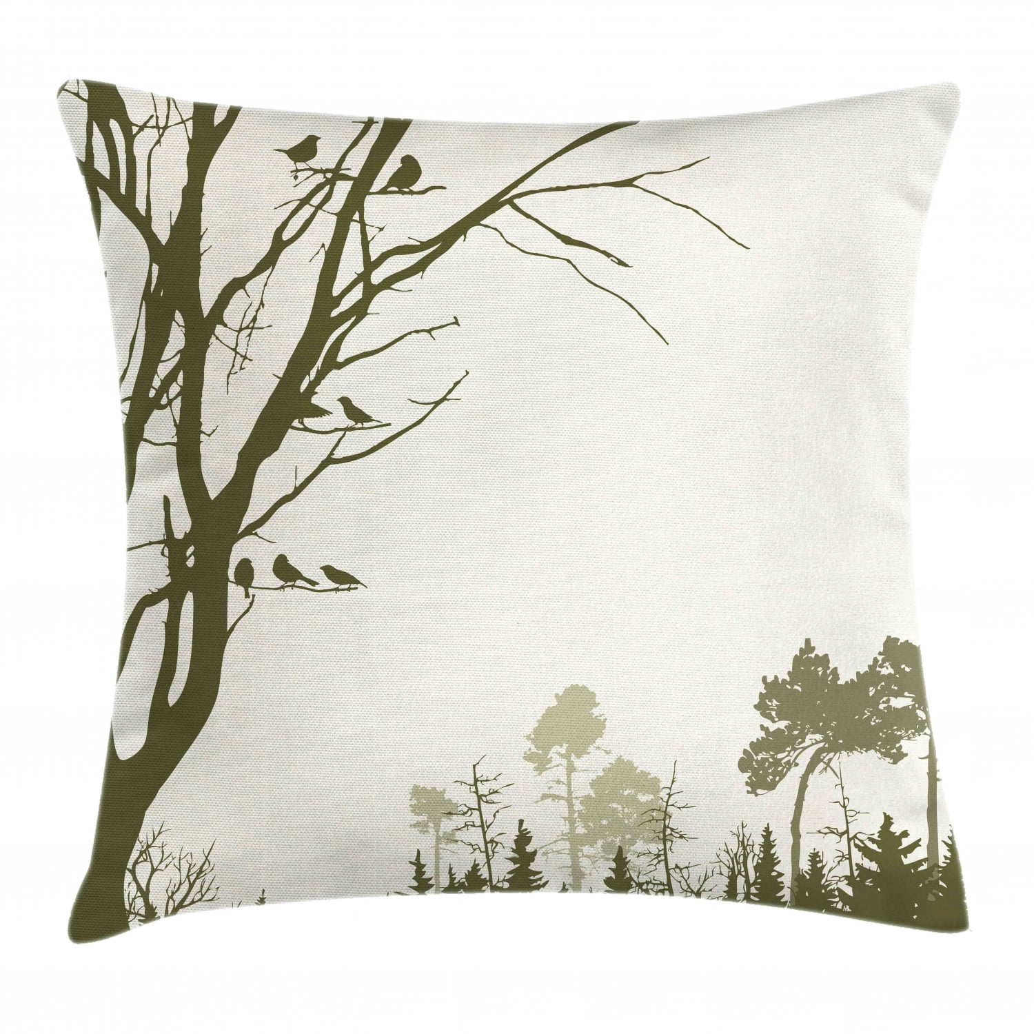 Apartment Decor Throw Pillow Cushion Cover, Nature Theme The Panorama of a Forest  Pattern Birds on Tree Branches, Decorative Square Accent Pillow Case, 16 X  16 Inches, Cream Sage Green, by Ambesonne 