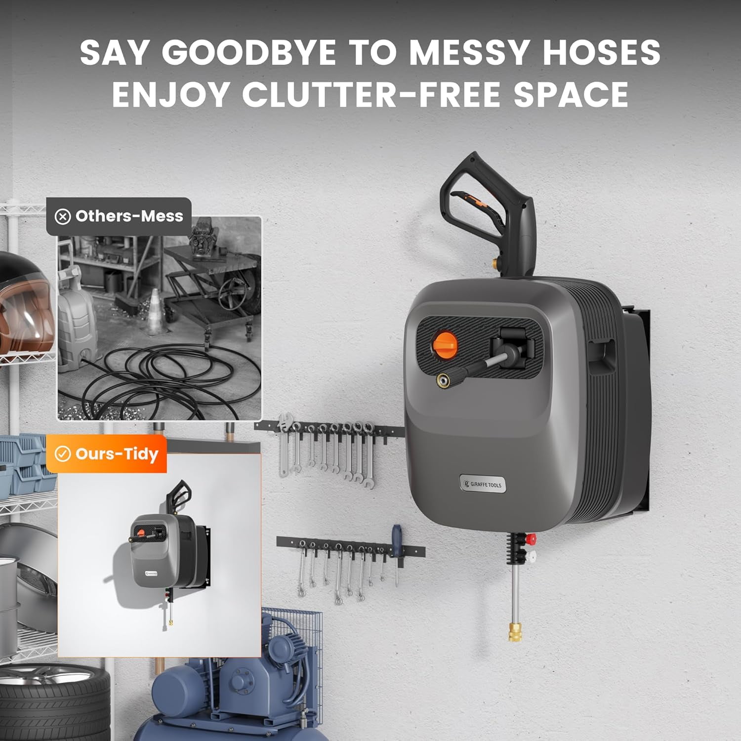 Giraffe Tools Max 2500 PSI Grandfalls Pressure Washer G20PRO with 65ft Retractable Hose Ultra-Soft Gray Hose, Wall-Mount, Bach Sliver