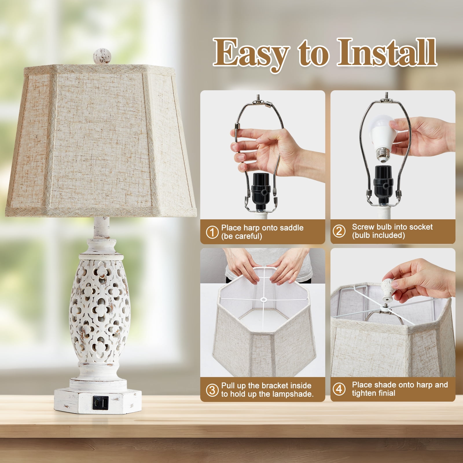 NATYSWAN 23.5" Lamps for Night Stands Set of 2 with USB A+C and Nightlight - Rustic Farmhouse Table Lamp for Bedrooms, End Tables, Living Room - French Country Decor, Bulbs Included.