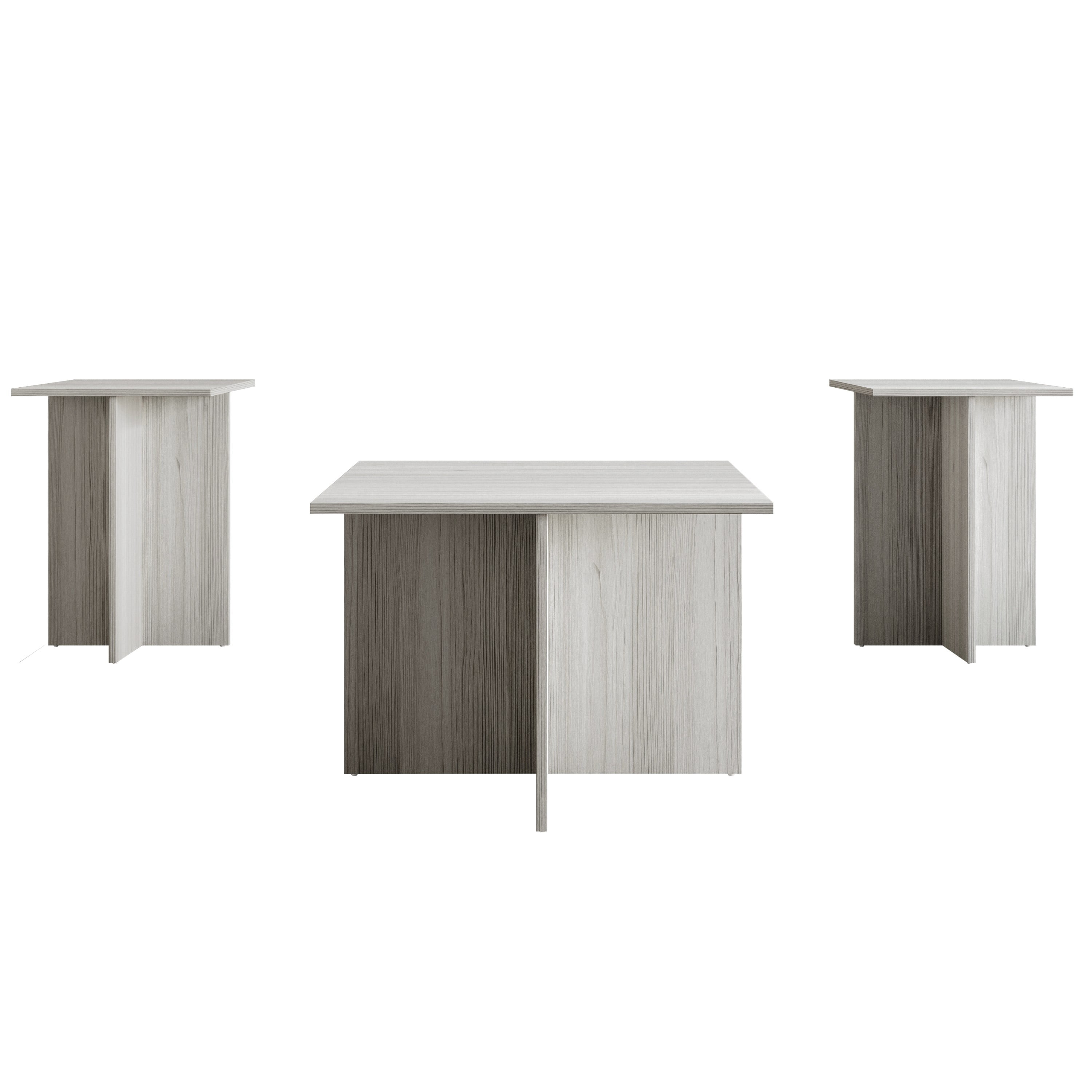 Home Design Joliet 3-Piece Coffee Set with Rectangular Tables, Natural Wood Finish and Modern Open Shelf, Light Gray