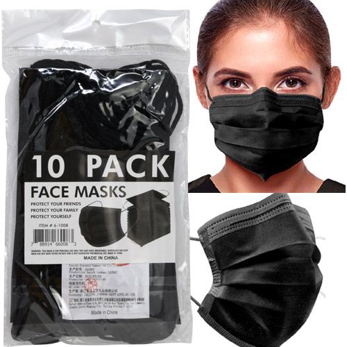 10 Pack Adult Black 3 Ply Face Masks