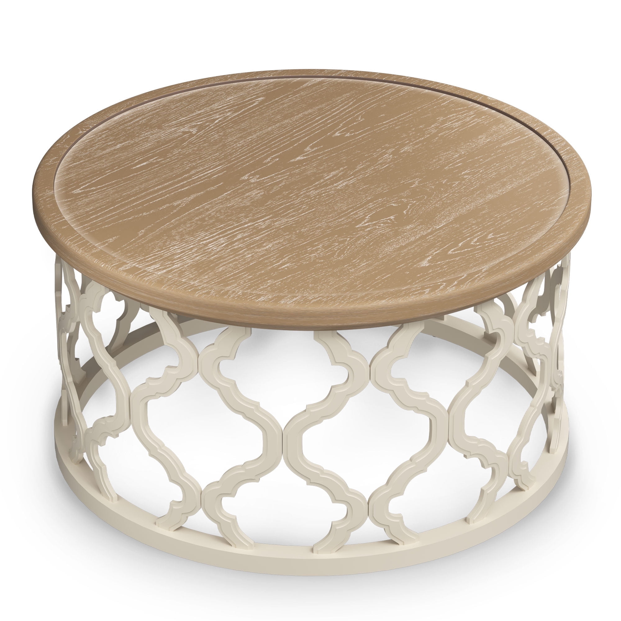 30" Farmhouse Coffee Table, French Round Coffee Table, Vintage Coffee Table with Distressed Wood Tray and Storage Shelf, Beige