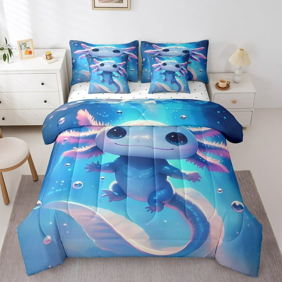 Erosebridal Cute Axolotl Bedding, Blue Bed in a Bag, Kawaii Sealife Reversible Bed Set, Lightweight Bedroom Decorative, 7-Piece