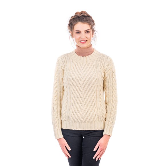 Irish Sweater for Women 100% Merino Wool Ribbed Collar Cable Knit Aran Pullover