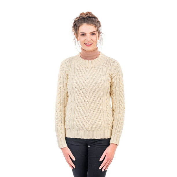SAOL Traditional Irish 100% Merino Wool Warm Ladies Ribbed Aran Cable Sweater