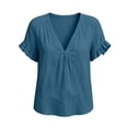 thumbnail image 7 of DeHolifer Women's Tops Cotton Linen V-Neck Ruffle Sleeve Solid Color Casual Lightweight Tee T-Shirts Blue M, 7 of 7