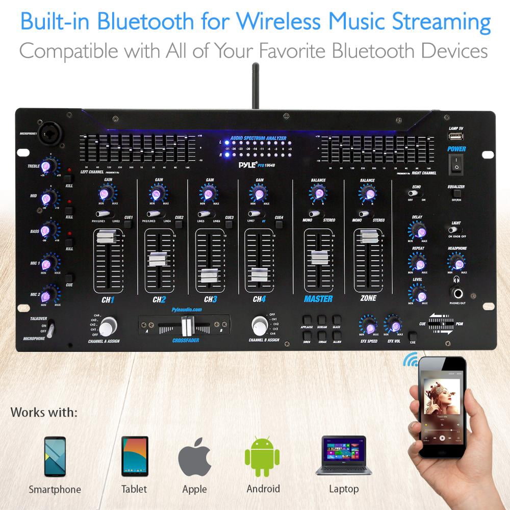 PYLE PYD1964B - Bluetooth 6-Channel DJ Mixer 19'' 5U Rack Mount System Digital LED Illuminated Controls