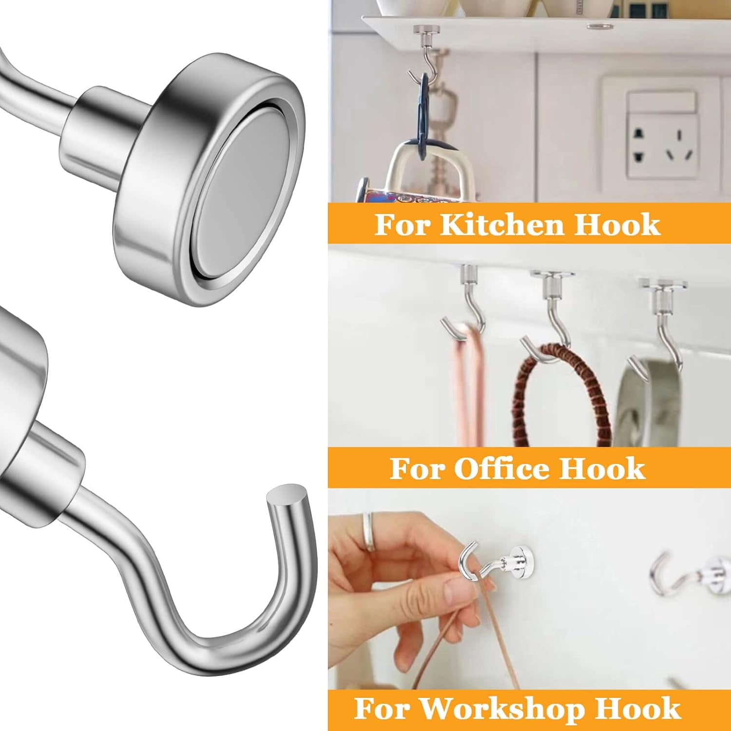 JJEAN-Magnetic Hooks Heavy Duty, 35lb+ Strong Magnetic Wall Hooks for Hanging, Neodymium Metal Magnets with Hooks Large Magnetic Hooks, for Classroom Cruise Fridge Kitchen, Pack of 12