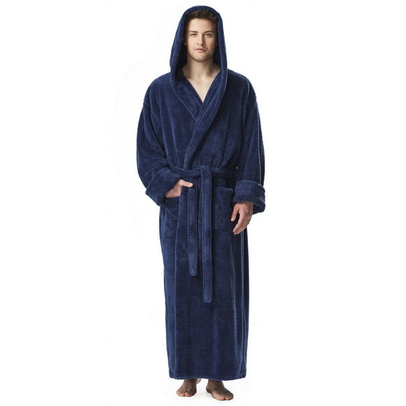 Arus Men's Hooded Fleece Long Robe, Ankle Length Turkish Bathrobe, Navy Blue, XX-Large
