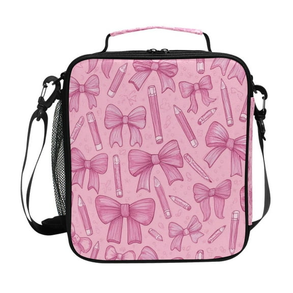 Square Insulated Lunch Bag Leak-proof Lunch Box for Outdoor Work Picnic Pink Bows and Pencils