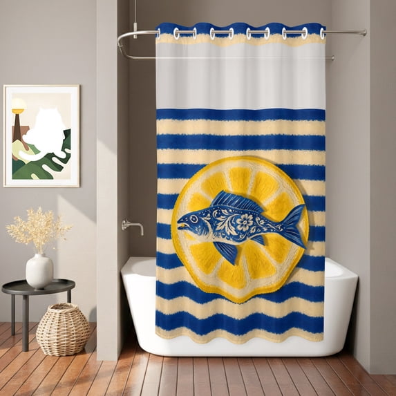 No Hook Shower Curtain, Coastal Nautical Shower Curtains for Bathroom with See Through Top Window, Summer Ocean Lemon Flower Fish Blue Stripe Waterproof & Washable Bath Curtain Stand Up Stall 36"x72"