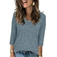 thumbnail image 6 of Zylanna Women's Pullover Sweaters, Solid Color Knitted 3/4 Sleeve V-Neck Casual Tops for Women Light Blue, 6 of 8