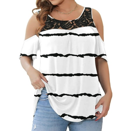 

Cathalem Womens Thick Top Women Plus Size Striped Print Tops Off The Shoulder Lace Stitching Short Sleeve Womens Pajama Tops Shirt White 4X-Large