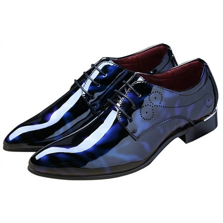 Santimon Men Oxford Dress Shoes Brogue Floral Patent Leather Casual Formal Business Derby Shoes Blue 6.5 US