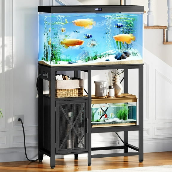 20-37 Gallon Fish Tank Stand, Aquarium Stand with Power Outlet and Storage Cabinet, Heavy Duty Tank Stand Suitable for Turtle Tank, Reptile Terrarium, for Home Office, Black FTHB40E01