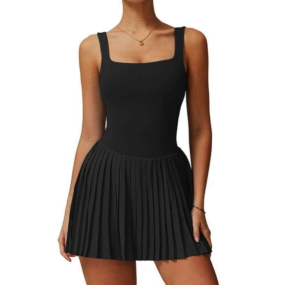 Deago Womens Square Neck Tennis Dress Pleated Sleeveless Built in Shorts Golf Athletic Dress with Pocket (Black, M)