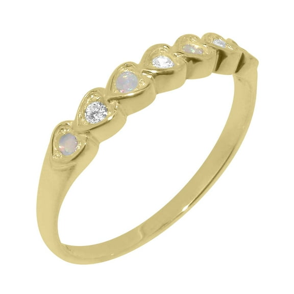LBG British Made 14k Yellow Gold Natural Diamond & Opal Womens Eternity Ring - 33 size options - Size 10