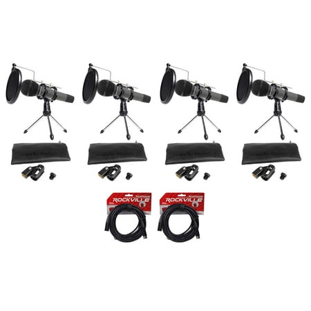 (4) Audio Technica Dynamic Podcasting Podcast Microphones+Stands+Pop Filters