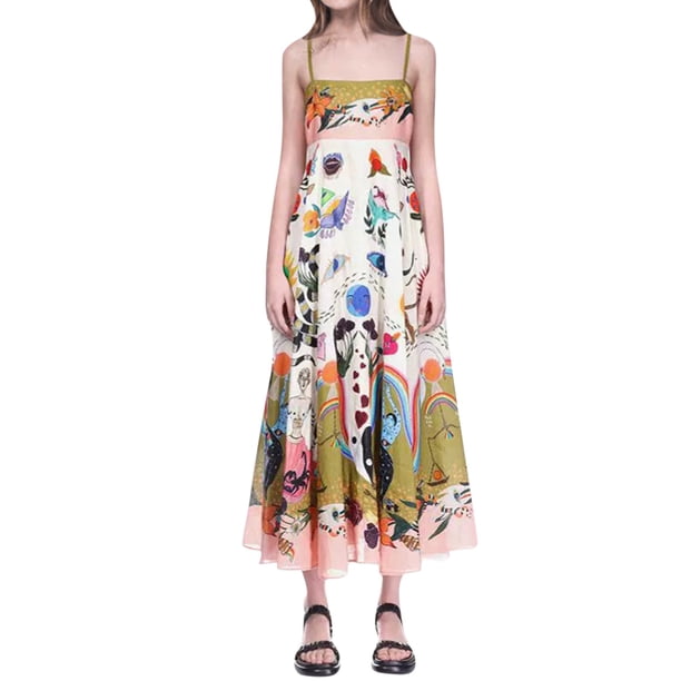 Sueño Vestido de verano europeo y americano, sin mangas, sin cuello, de cintura alta, estampado, pintado, con tirantes grandes Amarillo L