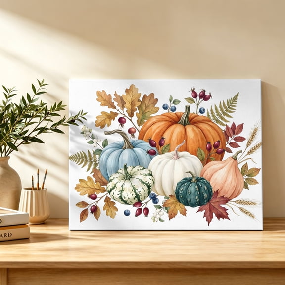 Thanksgiving Pumpkin Canvas Wall Art, Fall Farm Country Red Yellow Maple Leaf Berry Wall Art Prints Artwork Framed Canvas Ready to Hang Art Pictures for Bathroom, Dressing Table, Entryway 12" x 8"