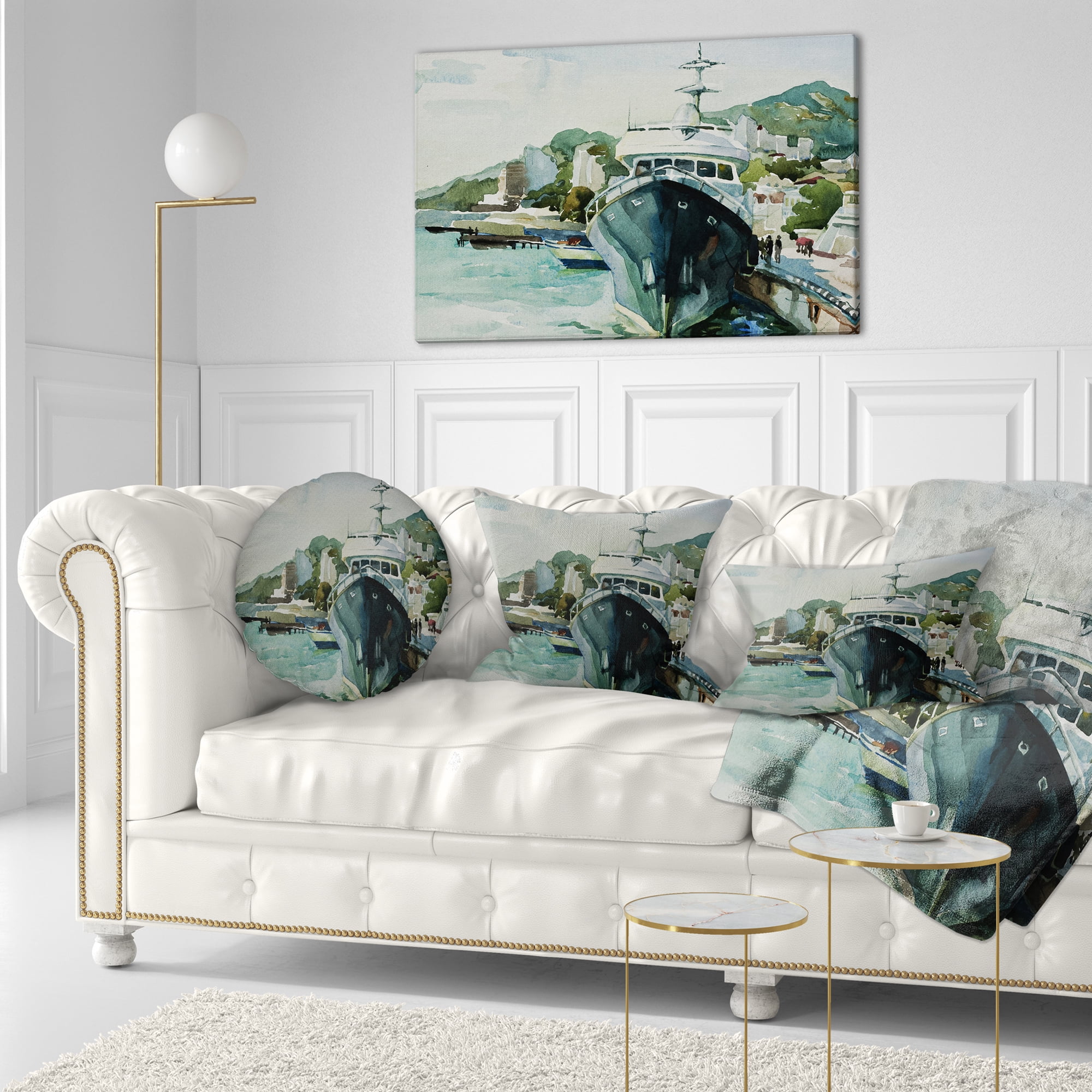 Designart Yacht in Port Yalta - Landscape Printed Throw Pillow - 12x20