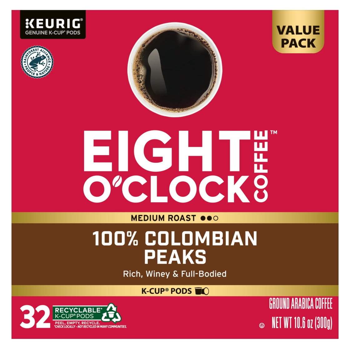 Eight O'Clock Coffee Medium Roast 100% Colombian Peaks Coffee Value Pack 32 - 0.33 oz K-Cup Pods