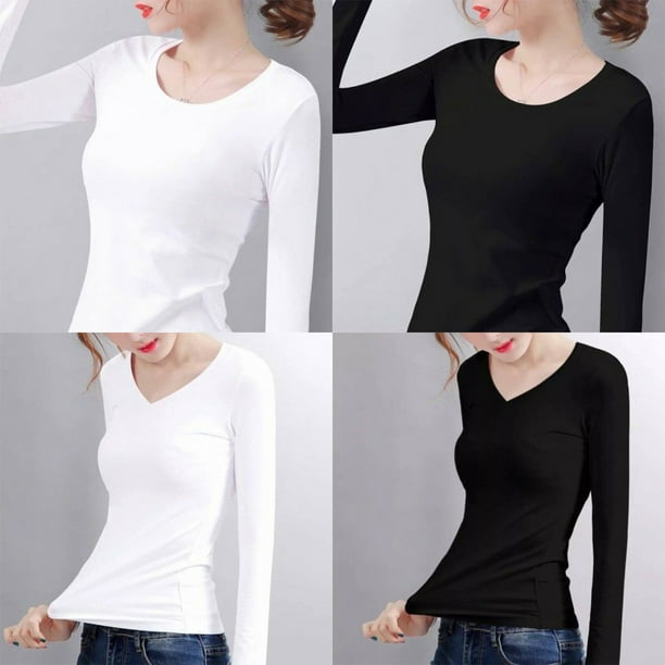 Cold Autumn Winter Seamless Top with Long Sleeves Universal Female Thermal  Underwear Thickened T-shirt Casual Clothes Accessory Black V Neck