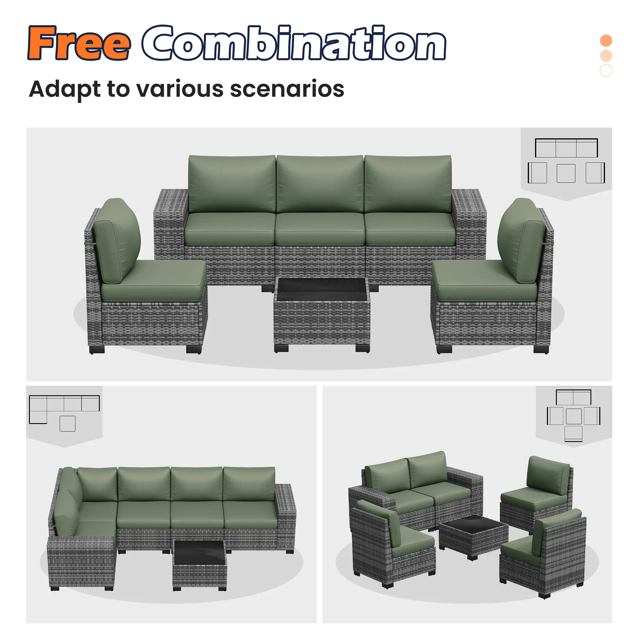 UDPATIO 6-Piece Patio Furniture Set, Outdoor Patio Sofa Set With Wide Armrest, All-Weather Wicker Rattan Guest Set With Cushion And Glass Table And Waterproof Cover, Grey &Green