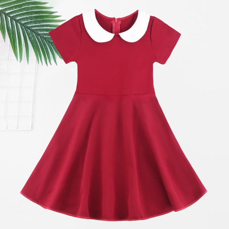 TIREOW Girls Summer Preppy Dresses Short Sleeve Dresses Solid Color Peter Pan Collar A Line Casual Soft Knit Play Dress
